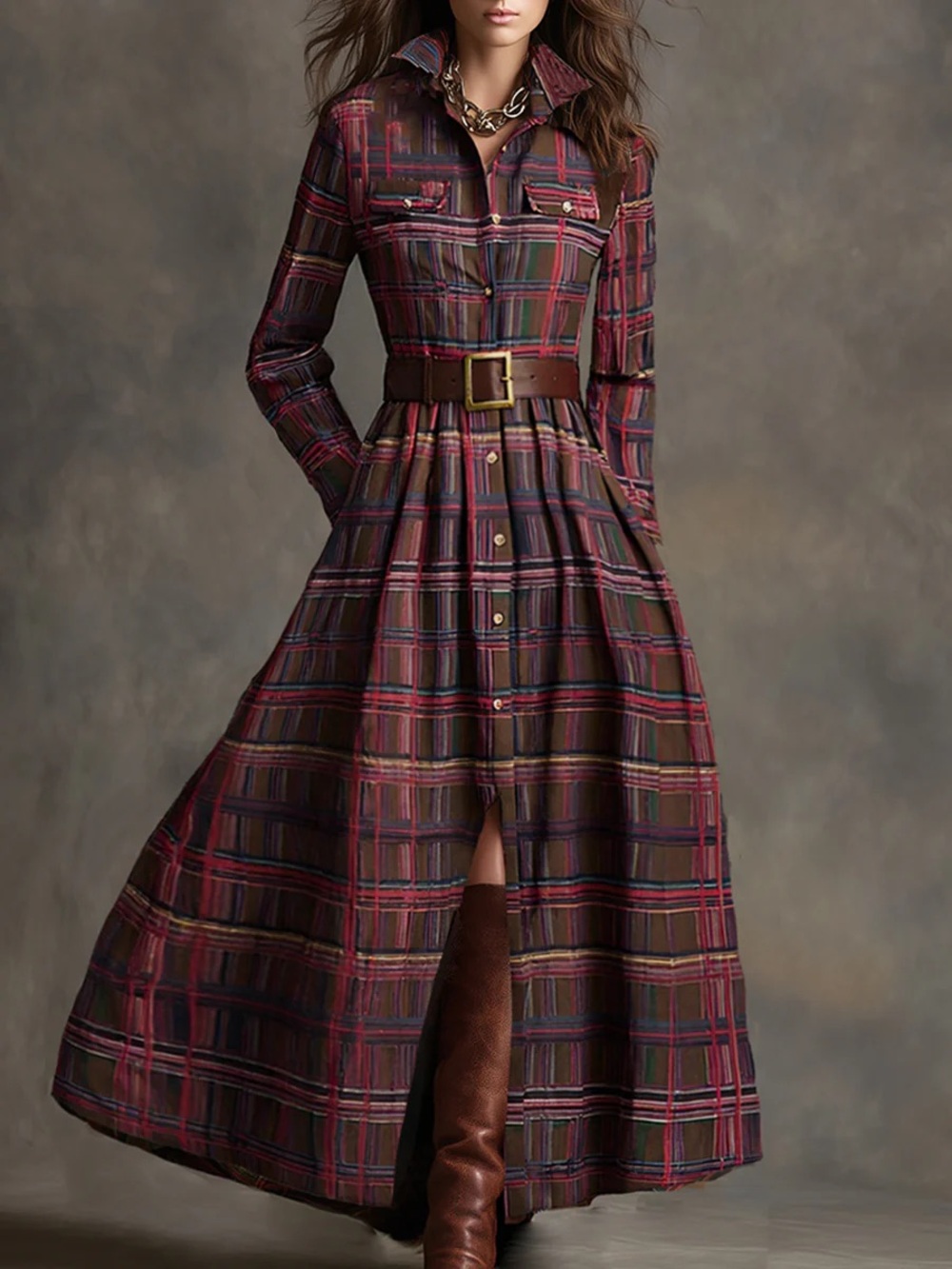 Oyrosy Retro Ethnic Style Lapel Reddish Brown Plaid Maxi Dress